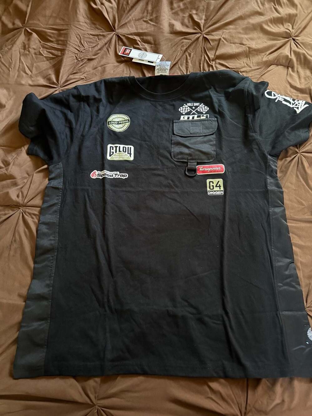 GTL4 Men's Graphic Racing T-Shirt with Chest Pocket and Patches Black